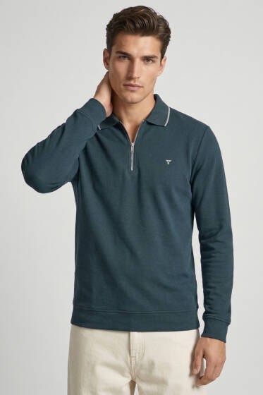 Jakarlı Polo Yaka Fermuarlı Erkek Sweatshirt Petrol - Erkek Sweatshirt
