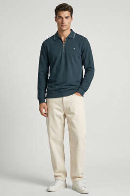 Jakarlı Polo Yaka Fermuarlı Erkek Sweatshirt Petrol - Erkek Sweatshirt