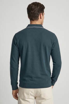 Jakarlı Polo Yaka Fermuarlı Erkek Sweatshirt Petrol - Erkek Sweatshirt