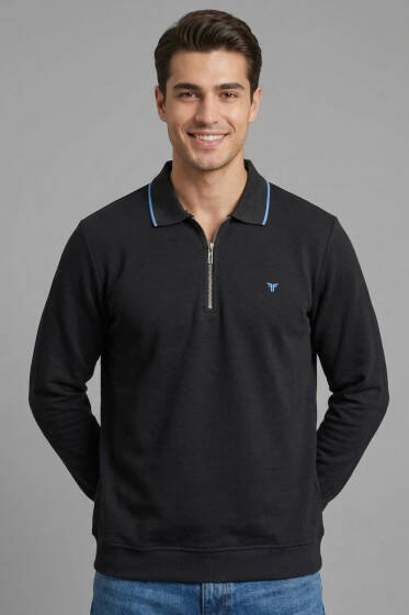 Jakarlı Polo Yaka Fermuarlı Erkek Sweatshirt Siyah - Erkek Sweatshirt
