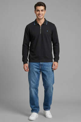 Jakarlı Polo Yaka Fermuarlı Erkek Sweatshirt Siyah - Erkek Sweatshirt