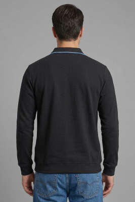 Jakarlı Polo Yaka Fermuarlı Erkek Sweatshirt Siyah - Erkek Sweatshirt