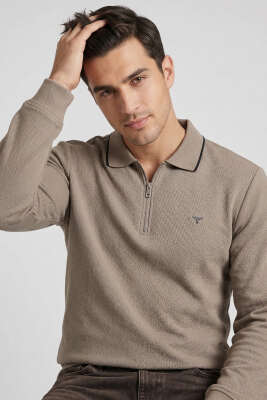 Jakarlı Polo Yaka Fermuarlı Erkek Sweatshirt Vizon 