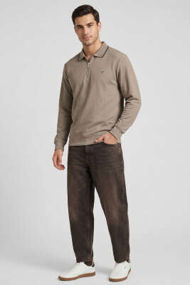 Jakarlı Polo Yaka Fermuarlı Erkek Sweatshirt Vizon - Erkek Sweatshirt