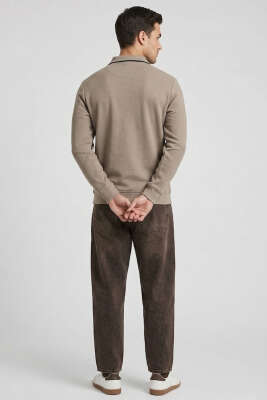 Jakarlı Polo Yaka Fermuarlı Erkek Sweatshirt Vizon - Erkek Sweatshirt