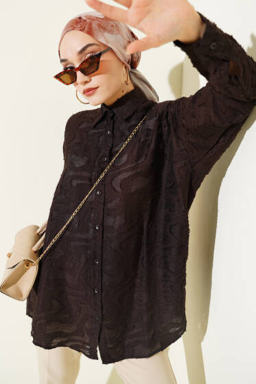 Jakarlı Püskül Detaylı Gömlek Acı Kahve - Gömlek