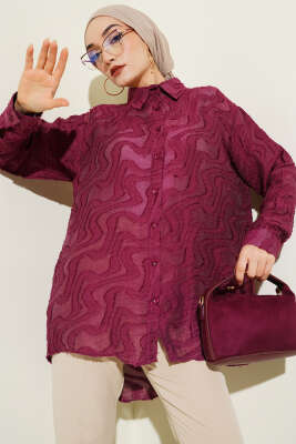Jakarlı Püskül Detaylı Gömlek Bordo - NEVA MODA