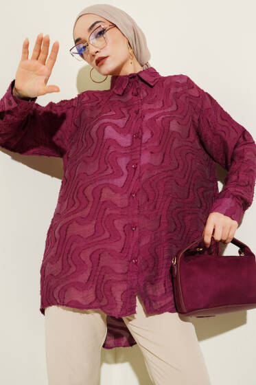 Jakarlı Püskül Detaylı Gömlek Bordo - Gömlek