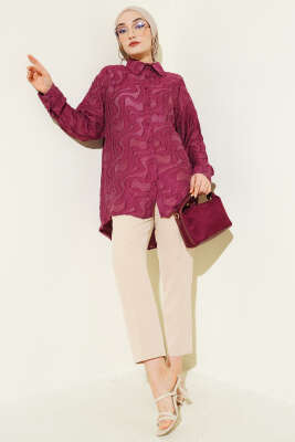 Jakarlı Püskül Detaylı Gömlek Bordo - Gömlek