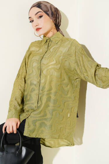 Jakarlı Püskül Detaylı Gömlek Çağla Yeşili - Gömlek