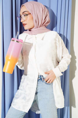 Jakarlı Püskül Detaylı Gömlek Ekru - NEVA MODA