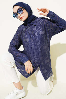 Jakarlı Püskül Detaylı Gömlek Lacivert 