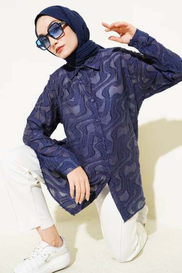 Jakarlı Püskül Detaylı Gömlek Lacivert - Gömlek