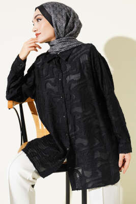 Jakarlı Püskül Detaylı Gömlek Siyah 