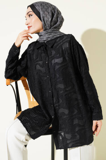 Jakarlı Püskül Detaylı Gömlek Siyah - Gömlek