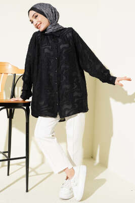 Jakarlı Püskül Detaylı Gömlek Siyah - Gömlek