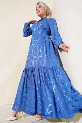 Jakarlı Yakası Taşlı Elbise Mavi - Thumbnail
