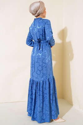 Jakarlı Yakası Taşlı Elbise Mavi - Thumbnail