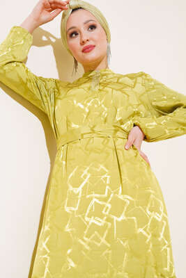 Jakarlı Yakası Taşlı Elbise Yağ Yeşili - Thumbnail