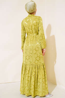 Jakarlı Yakası Taşlı Elbise Yağ Yeşili - Thumbnail