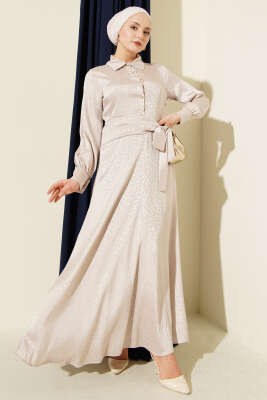 Jakarlı Yandan Bağlamalı Abiye Elbise Bej - BERAT TEKSTİL