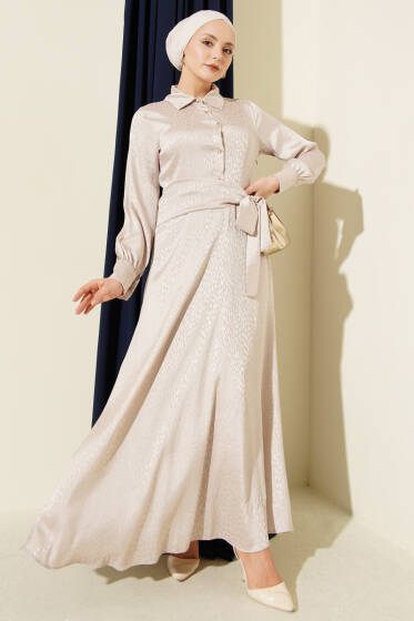 Jakarlı Yandan Bağlamalı Abiye Elbise Bej - Elbise
