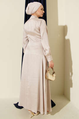 Jakarlı Yandan Bağlamalı Abiye Elbise Bej - Elbise