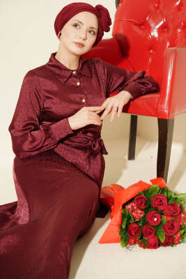 Jakarlı Yandan Bağlamalı Abiye Elbise Bordo - BERAT TEKSTİL