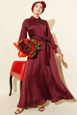 Jakarlı Yandan Bağlamalı Abiye Elbise Bordo - Elbise