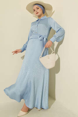 Jakarlı Yandan Bağlamalı Abiye Elbise Mavi - BERAT TEKSTİL