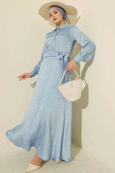 Jakarlı Yandan Bağlamalı Abiye Elbise Mavi - Elbise