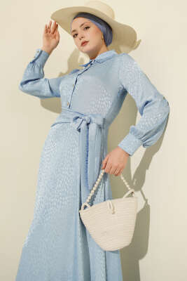 Jakarlı Yandan Bağlamalı Abiye Elbise Mavi - Elbise