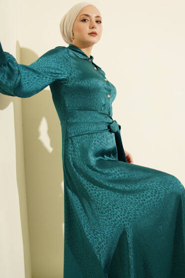 Jakarlı Yandan Bağlamalı Abiye Elbise Petrol - Elbise