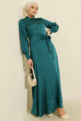 Jakarlı Yandan Bağlamalı Abiye Elbise Petrol - Elbise