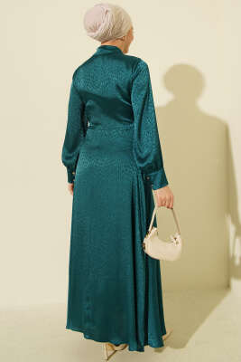 Jakarlı Yandan Bağlamalı Abiye Elbise Petrol - Elbise