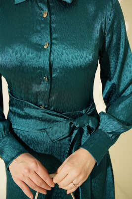 Jakarlı Yandan Bağlamalı Abiye Elbise Petrol - Elbise