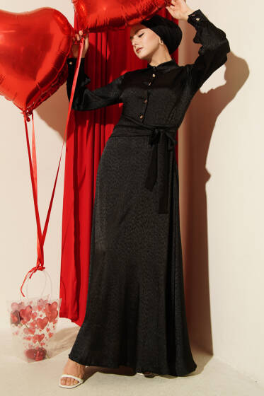 Jakarlı Yandan Bağlamalı Abiye Elbise Siyah - Elbise