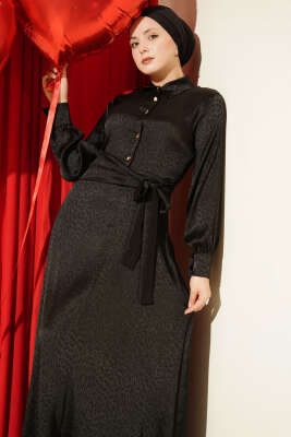 Jakarlı Yandan Bağlamalı Abiye Elbise Siyah - Elbise