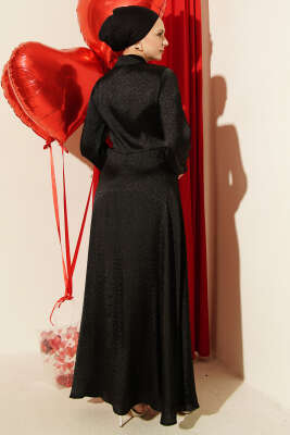 Jakarlı Yandan Bağlamalı Abiye Elbise Siyah - Elbise