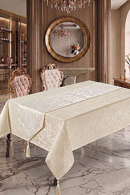 Jakarlı Yemek Masası Takımı Bej - MAHİR HAVLU