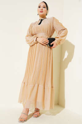 Janjan Piliseli Elbise Camel - Tesettür Elbise