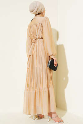 Janjan Piliseli Elbise Camel - Tesettür Elbise