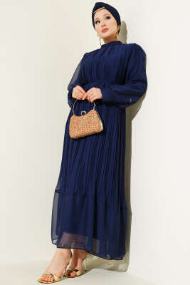 Janjan Piliseli Elbise Lacivert - Tesettür Elbise