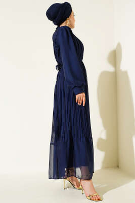 Janjan Piliseli Elbise Lacivert - Tesettür Elbise