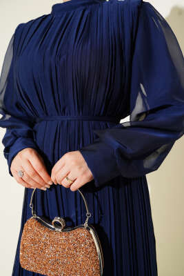 Janjan Piliseli Elbise Lacivert - Tesettür Elbise