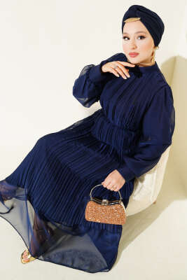 Janjan Piliseli Elbise Lacivert - MUSTİ