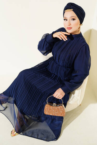 Janjan Piliseli Elbise Lacivert - Tesettür Elbise
