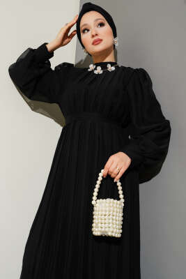 Janjan Piliseli Elbise Siyah - Tesettür Elbise