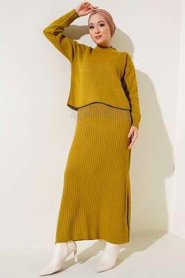 Jile Elbise Kazak Triko İkili Takım Yağ Yeşil - Thumbnail