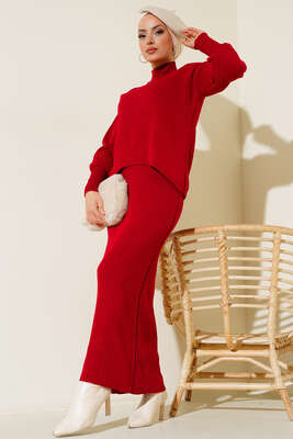 Jile İkili Takım Triko Elbise Kırmızı - Thumbnail
